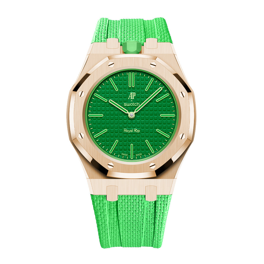 Green Eight · כיסוי רוז־גולד · רצועה ירוקה בהירה במרקם אריג · תמונת קטלוג